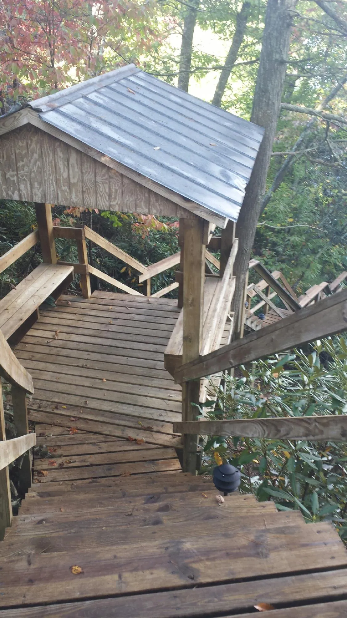 Metal roofed shelter over wooden steps on a wooded walkway — Skylight Repair & Installation work by our crew in Hope Mills